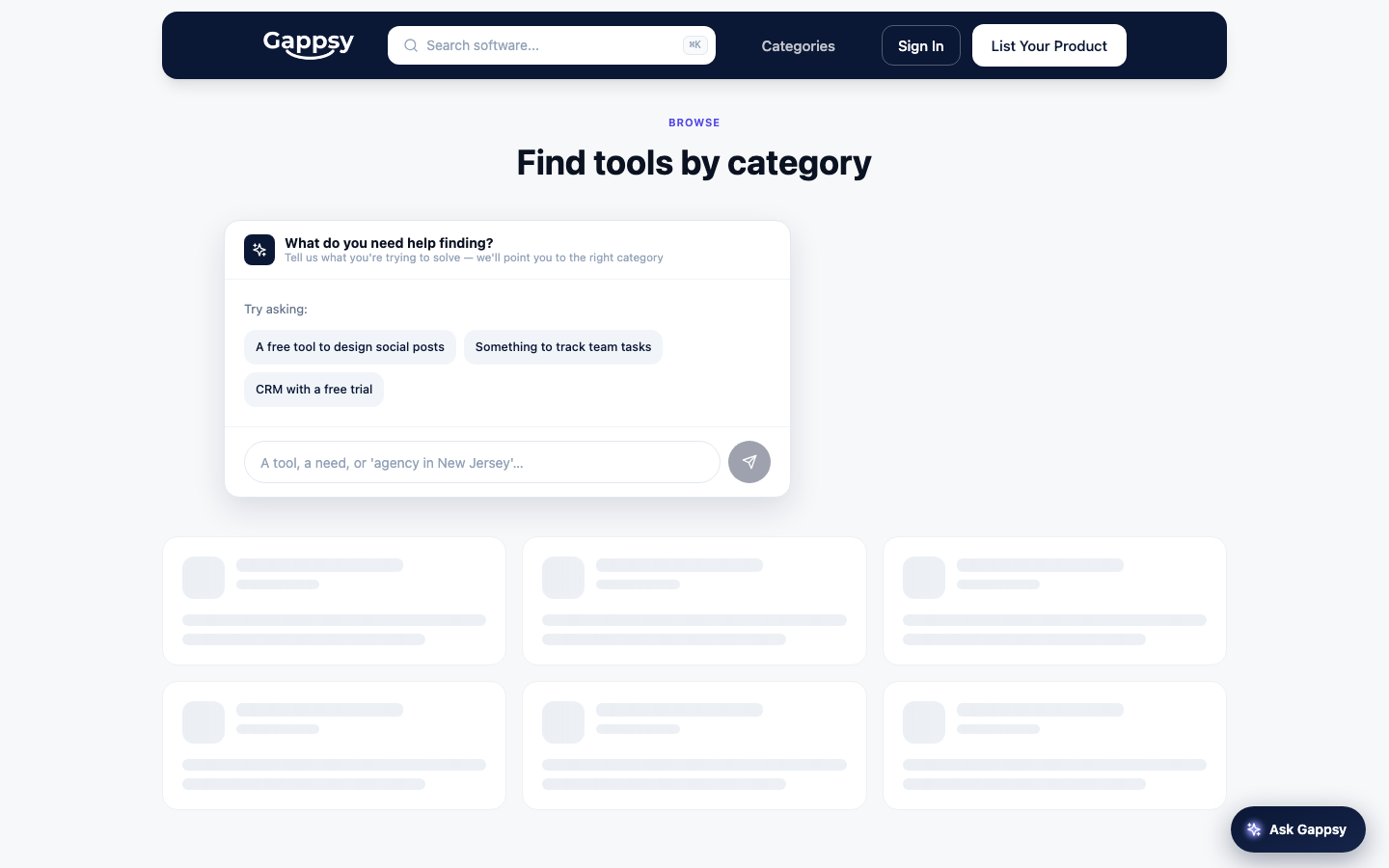 Category browsing paired with the same natural-language search from the homepage.